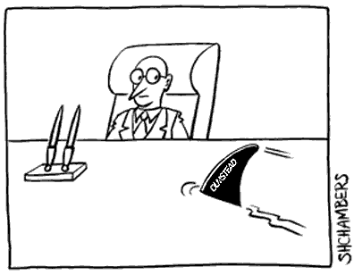 Cartoon shows a state agency bureaucrat at his desk, with one very wary eye on a shark fin moving toward him across the desk's surface. The fin is marked "Olmstead."