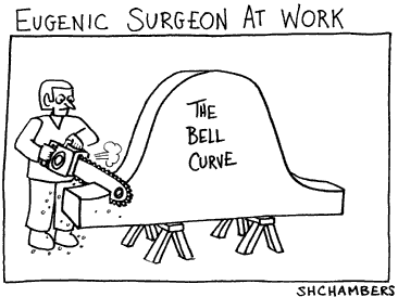 in a cartoon captioned "Eugenic Surgeon," a guy with a chainsaw has the bell curve up on sawhorses and is slicing off its ends.