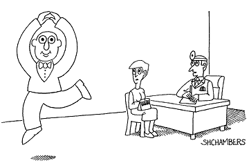 At one end of the office, a genuinely happy man does a happiness ballet while his psychiatrist says to the poor wife...