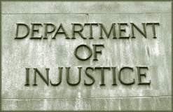 a photo of a brass-on-stone sign at the U.S. Department of Justice has been phototerrorized to read "Department of Injustice."