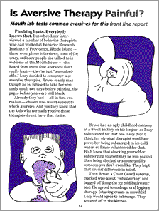 cartoon page from an article, "Is Aversive Therapy Painful?" One cartoon shows a pinch to bare skin. The other shows a fellow with a mouthful of shaving cream.
