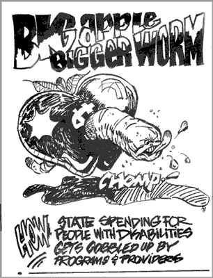 page from a Mouth shows a political cartoon of a giant worm chomping its way out of a big expensive apple. The headline reads: "Big apple, bigger worm. How state spending for people with disabilities gets gobbled up by programs and providers."