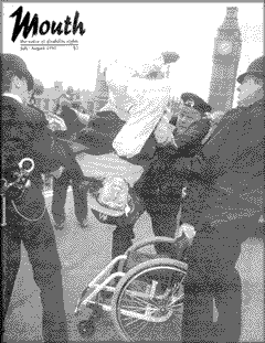 cover of a 1995 Mouth has a photo of a British activist doing a spectacular and showy flip when three police grab him to put him under arrest. We see him upside down in mid-flip, but he's grinning happily. The police don't look nearly as happy.