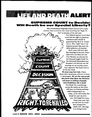 a page from Mouth has a life and death alert that says, "Supreme Court to decide: will death be our special liberty?"