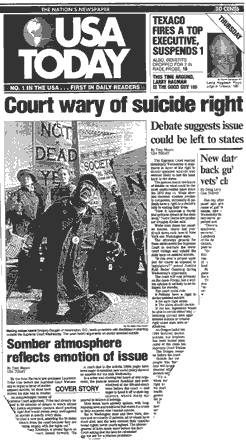 clipping of the front page of USA Today, with an angry cripple crying out for justice out front of the Supreme Court with Not Dead Yet
