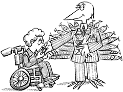 cartoon of a fundsucker bird (this one looks like a peacock), with a gratful crip kissing his ring