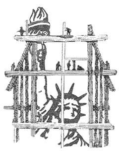 the logo of Freedom Clearinghouse is our Lady Liberty surrounded by scaffolding while she's under construction