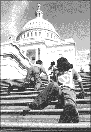 Tom Olin's famous photo shows Adapt activists crawling up the steps of the U.S. Capitol building in support of the ADA.